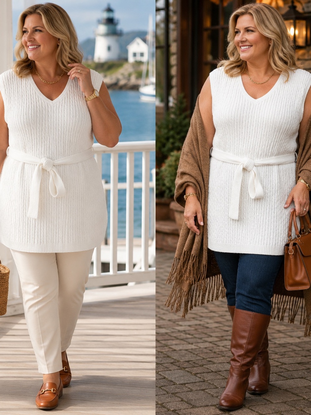 Jean ePierre White Sleeveless Cable-Knit V-Neck Tunic with Self-Tie Belt
